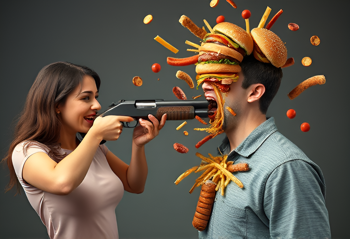 A woman holding a rifle that shoots a lot of food into a man's face.